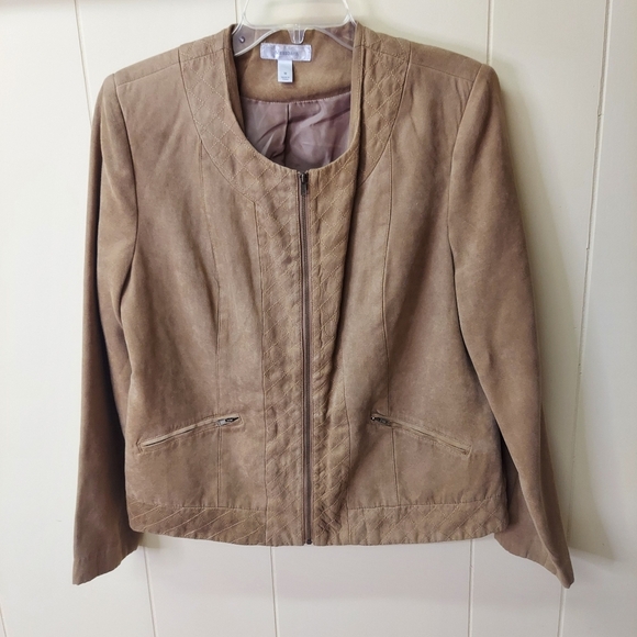 Dressbarn Faux Suede Jacket Womens Sz M Brown Tan Full Zip Blazer Lined Neutral - Picture 1 of 16